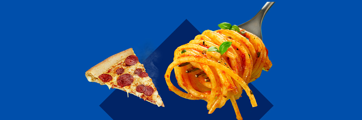 A slice of pepperoni pizza and spaghetti with sauce on a fork against a blue background.