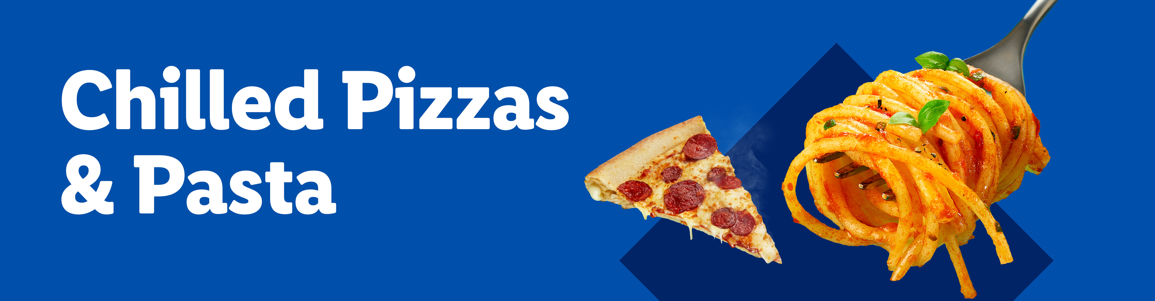 A slice of pepperoni pizza and spaghetti with sauce on a fork against a blue background.
