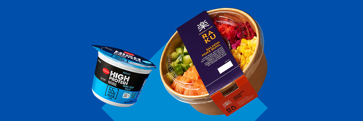 A high-protein yogurt and a salmon poke bowl on a blue background.