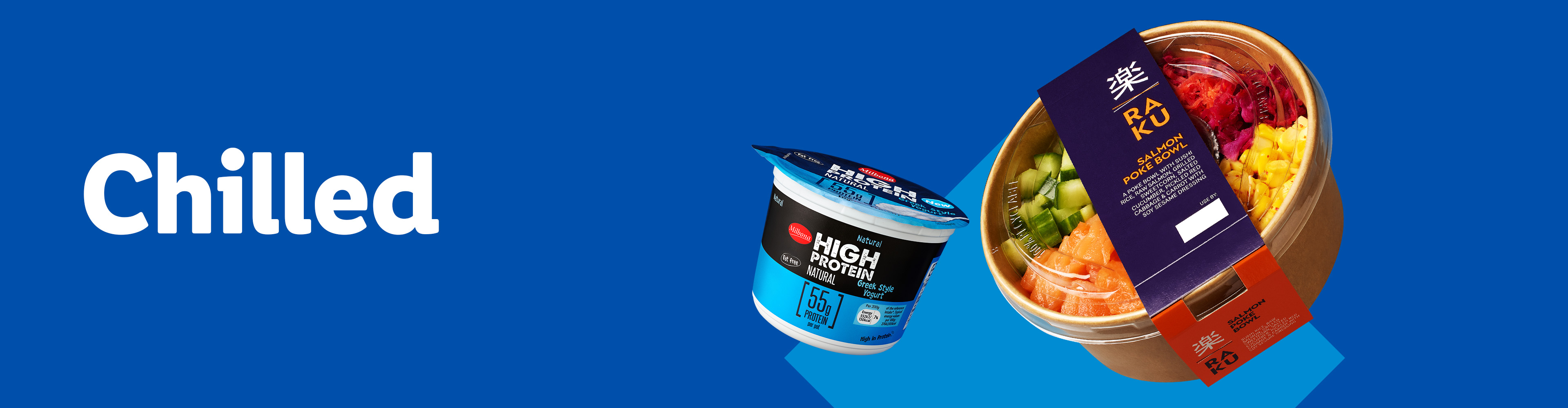 A high-protein yogurt and a salmon poke bowl on a blue background.