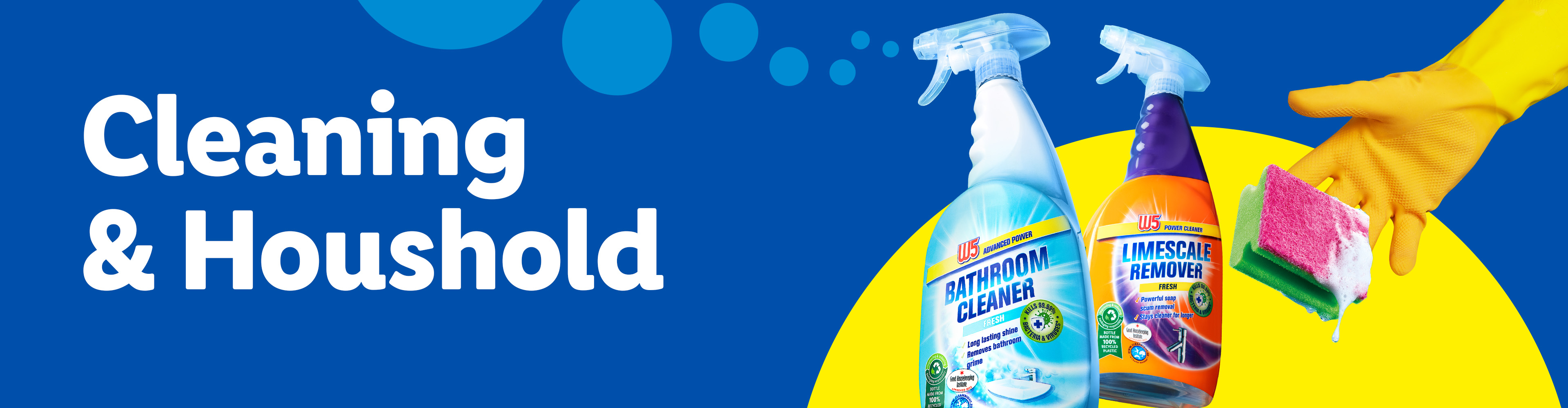 W5 bathroom cleaner and limescale remover with a gloved hand holding a sponge.