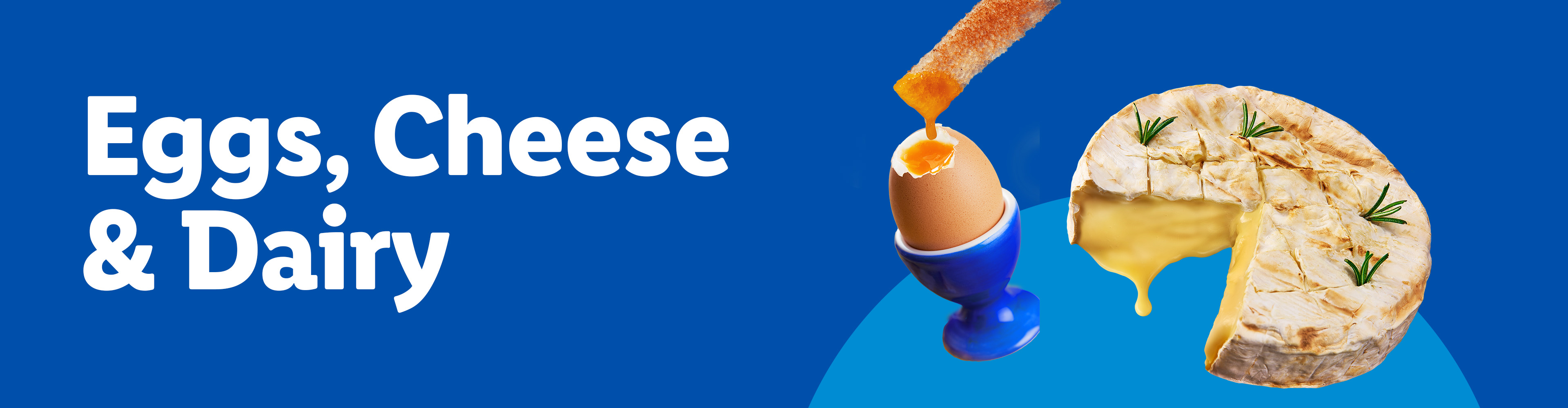 A soft-boiled egg in a blue egg cup with a toast dipper, next to a baked cheese.