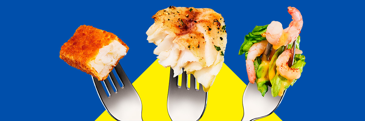 Three forks holding a fish stick, baked fish, and shrimp salad against a blue and yellow background.
