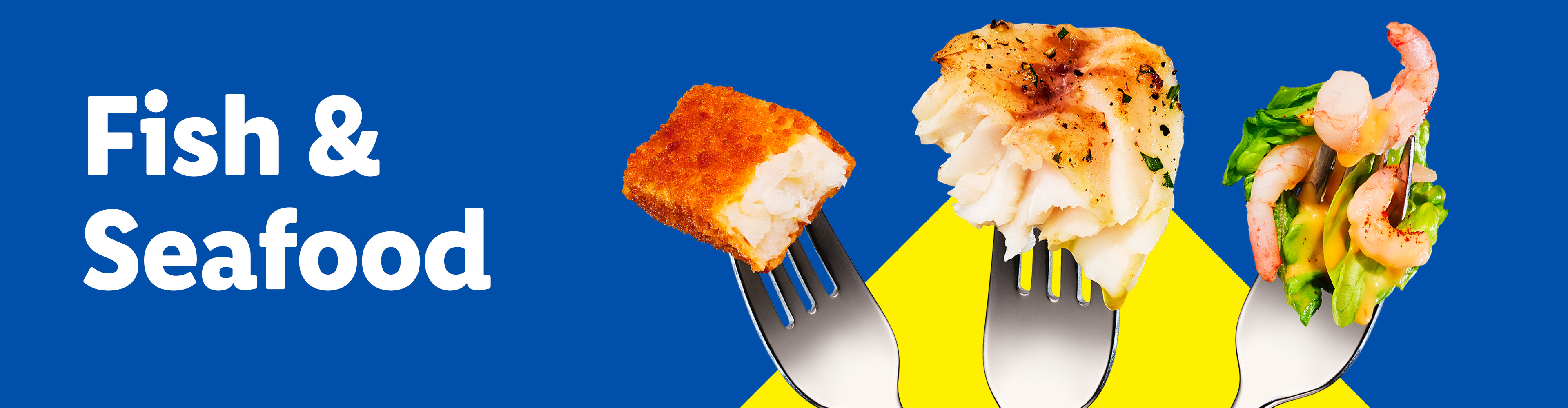 Three forks holding a fish stick, baked fish, and shrimp salad against a blue and yellow background.