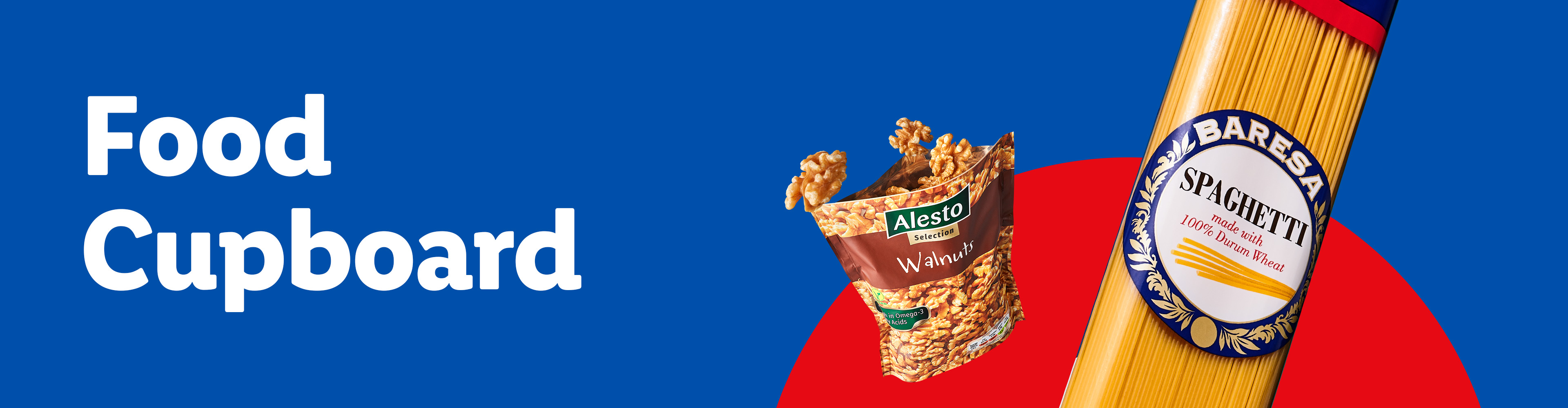 A bag of Alesto walnuts and a package of Albaresa spaghetti against a blue and red background.