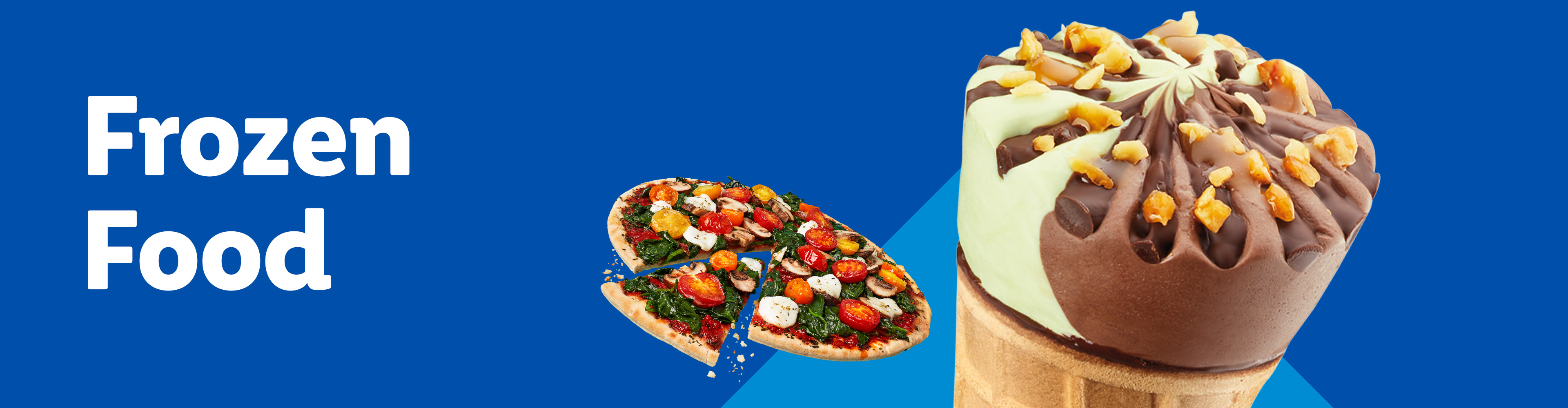 A pizza with vegetables and an ice cream cone with nuts and chocolate.