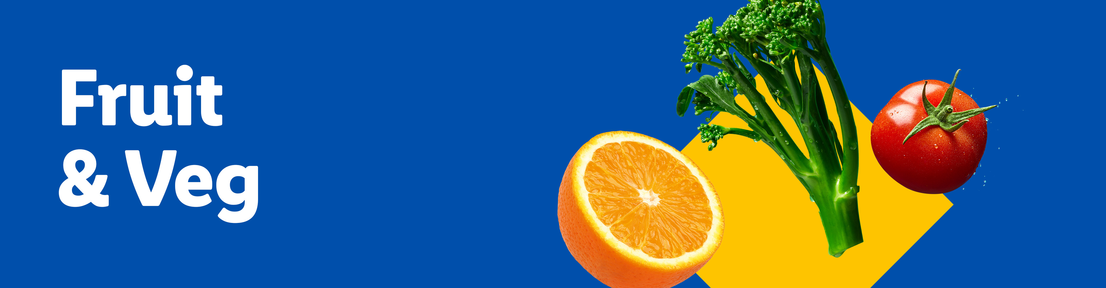 An orange half, broccoli, and a tomato on a blue and yellow background.
