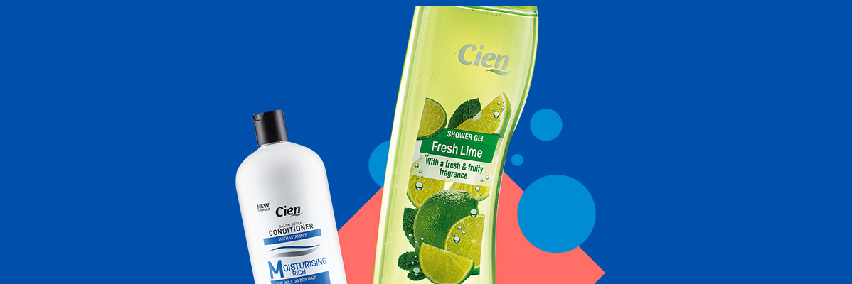 Cien Fresh Lime shower gel and Cien Moisturising conditioner on a blue background.