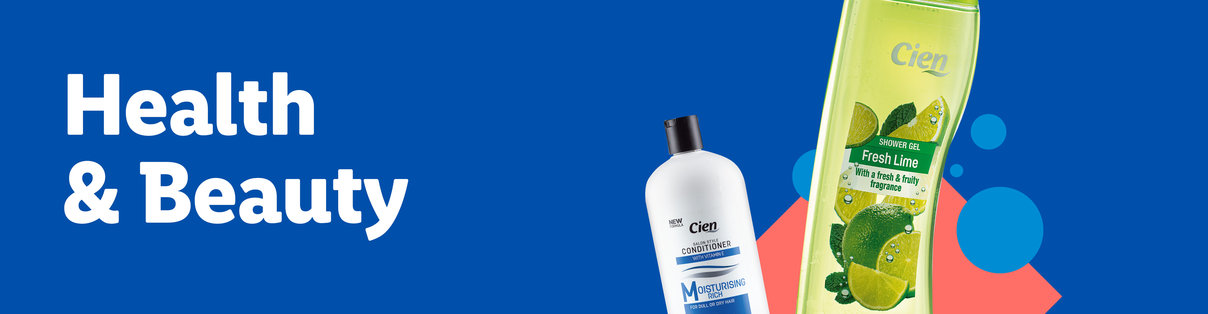 Cien Fresh Lime shower gel and Cien Moisturising conditioner on a blue background.