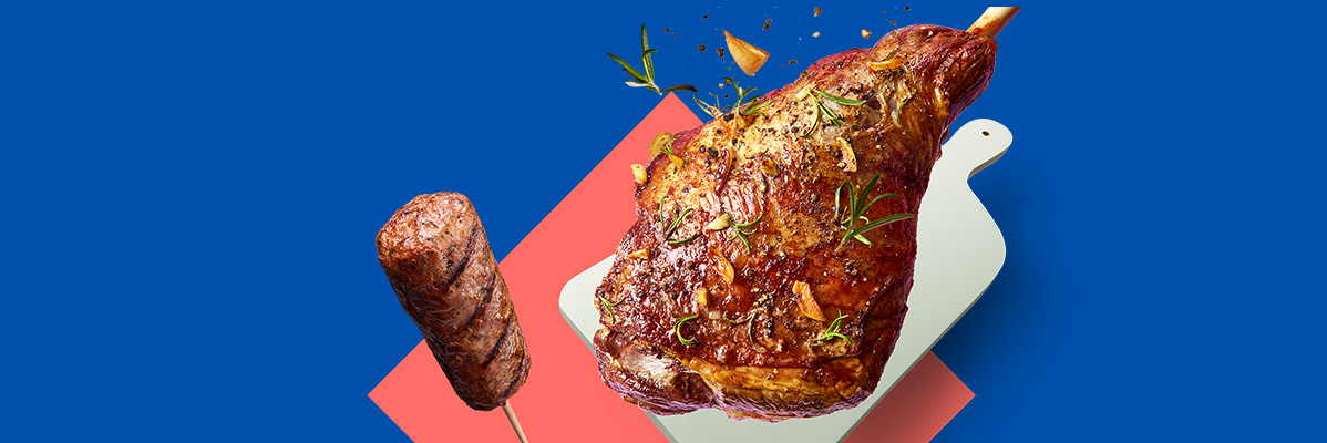 Roasted lamb leg and a grilled sausage on a skewer against a blue and red background.