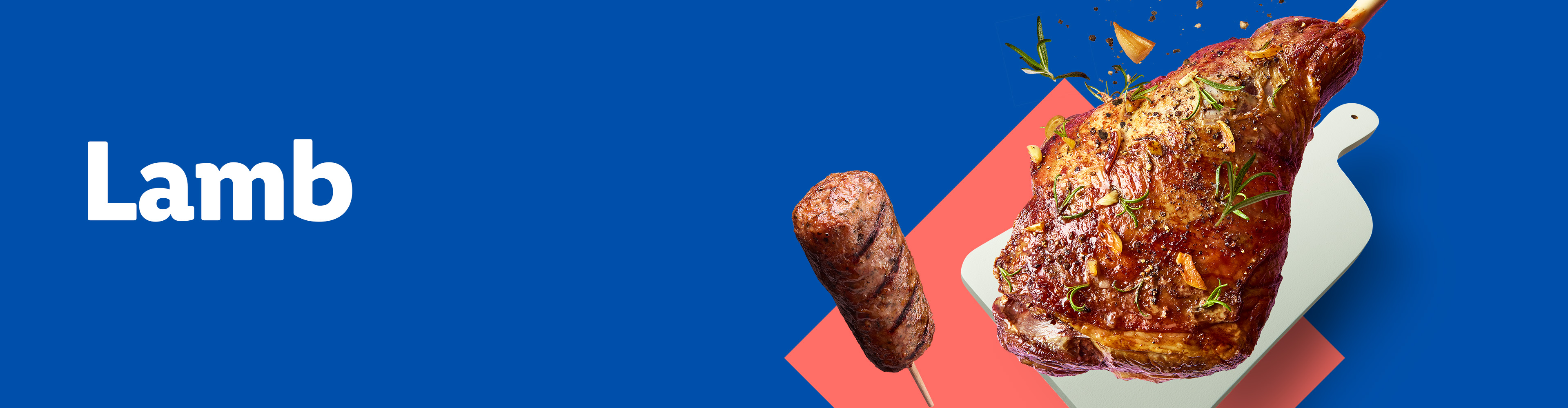 Roasted lamb leg and a grilled sausage on a skewer against a blue and red background.