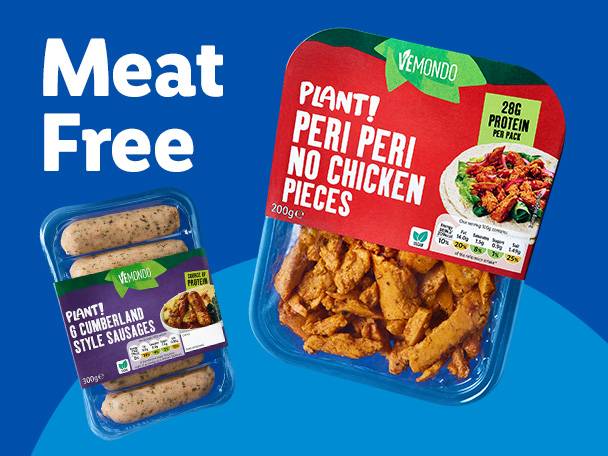 Plant-based chicken pieces and sausages with 'Meat Free' text on a blue background.