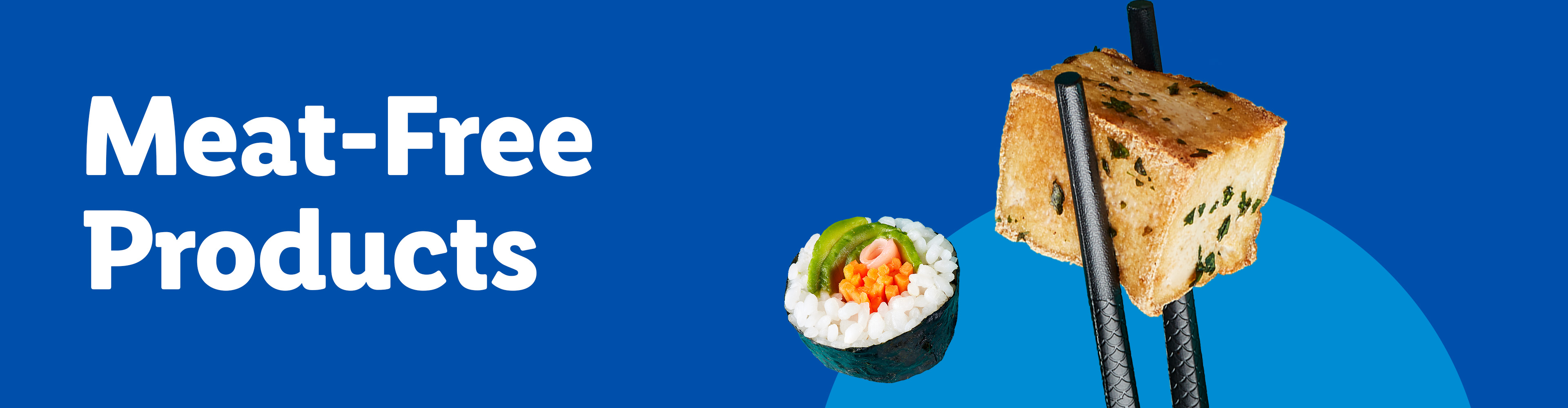A sushi roll and a block of fried tofu held by chopsticks on a blue background.