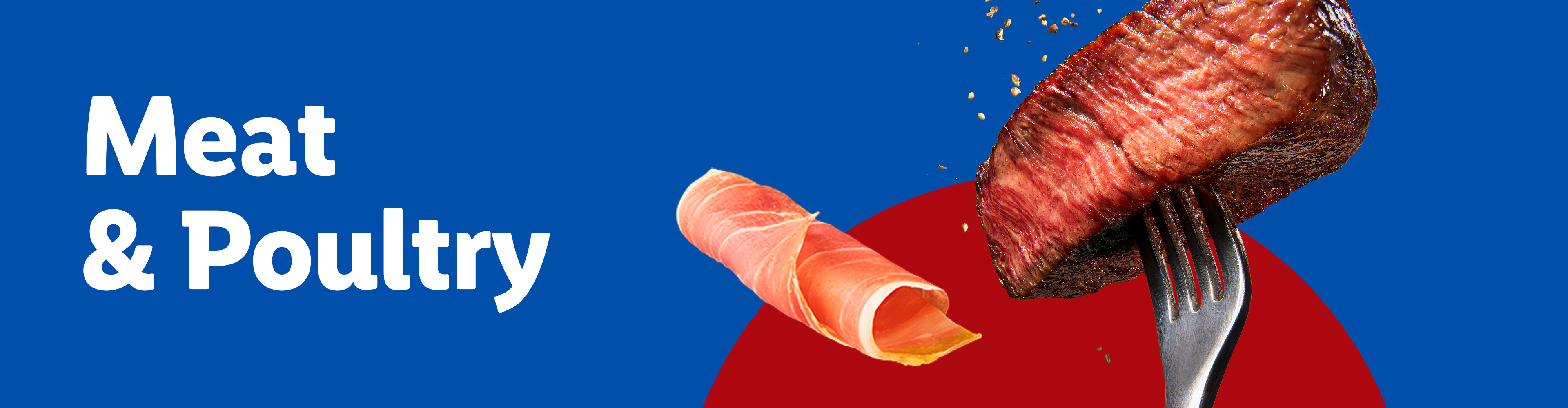 Steak on a fork with seasoning and a roll of prosciutto on a blue and red background.