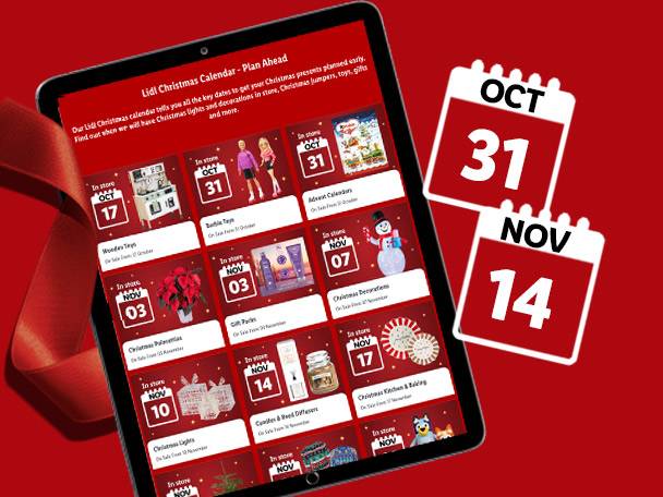 Lidl Christmas calendar on a tablet showing dates for toys, decorations, and gifts, with calendar icons for Oct 31 and Nov 14.