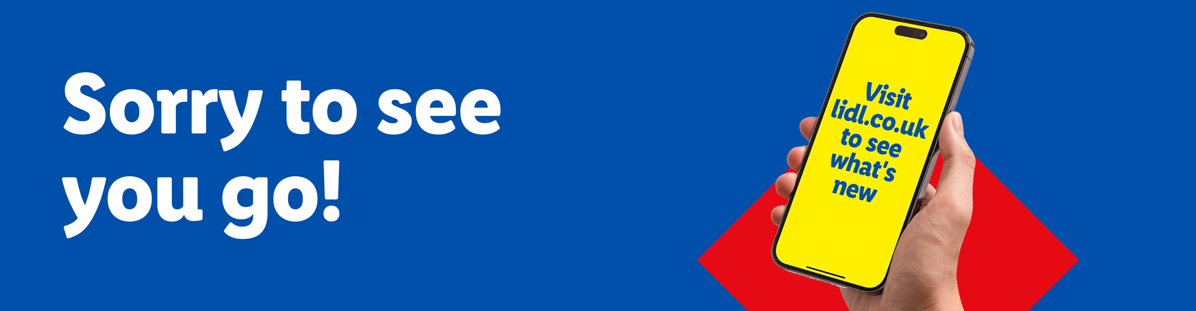 A blue banner with the text 'Sorry to see you go!' and a hand holding a phone displaying 'Visit lidl.co.uk to see what's new'.