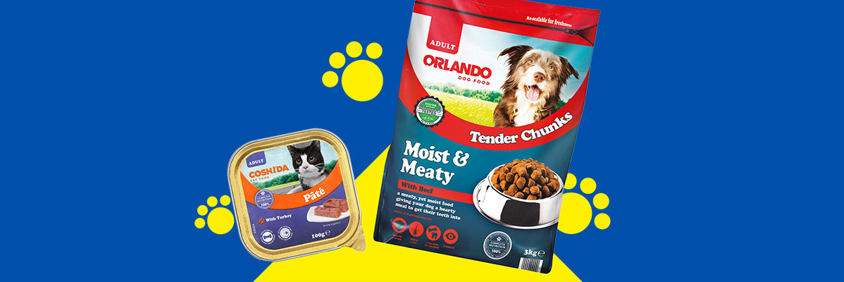 Orlando dog food and Coshida cat food products on a blue and yellow background.