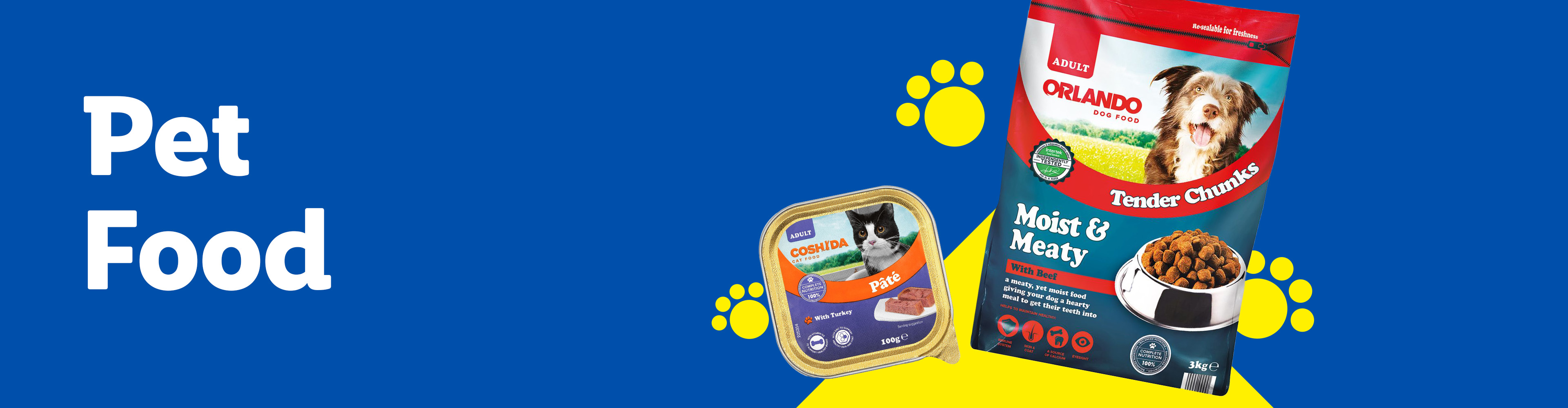 Orlando dog food and Coshida cat food products on a blue and yellow background.