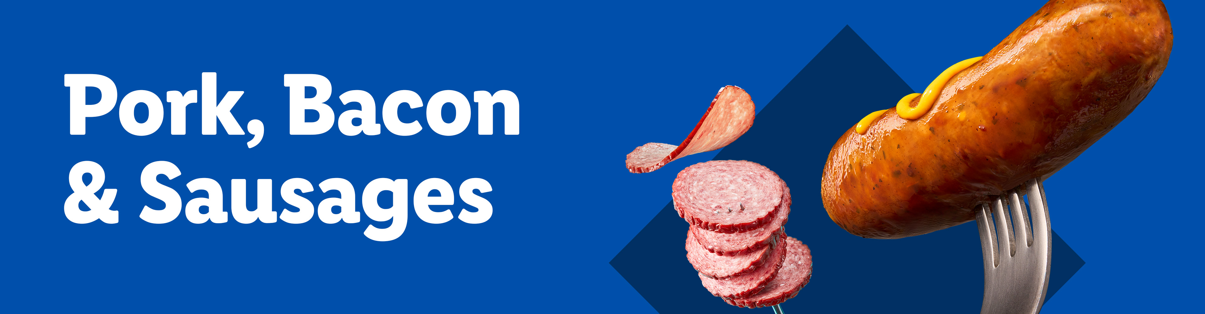 A sausage on a fork with mustard, and a stack of salami slices with one floating.
