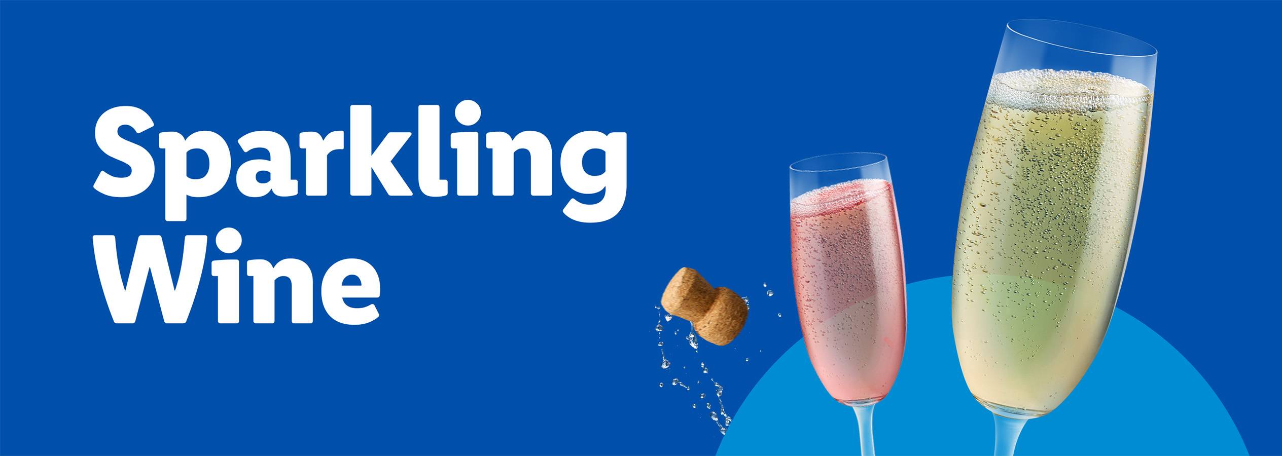 Sparkling Wine banner with two flutes of bubbly and a cork.