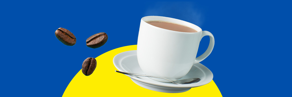 Coffee beans and a steaming cup of coffee on a blue and yellow background.