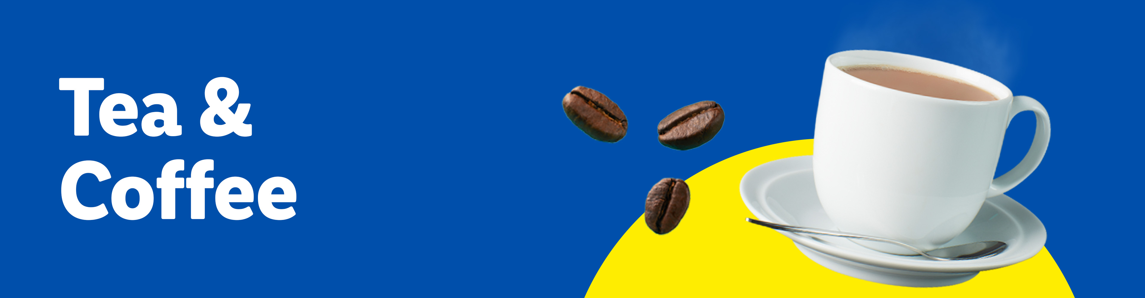 Coffee beans and a steaming cup of coffee on a blue and yellow background.
