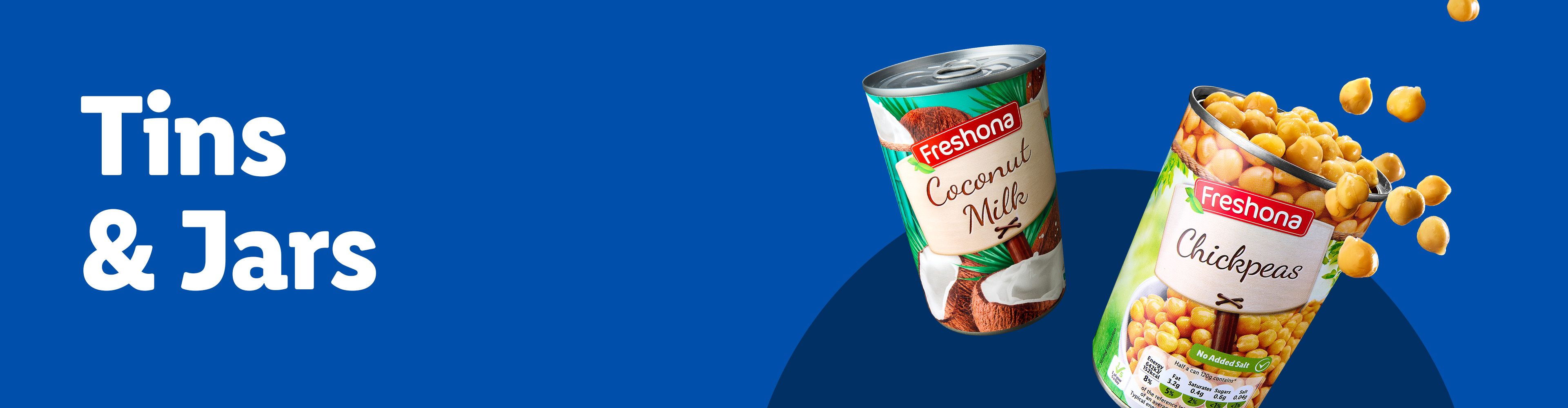 Two Freshona cans, one with coconut milk and the other with chickpeas, against a blue background.