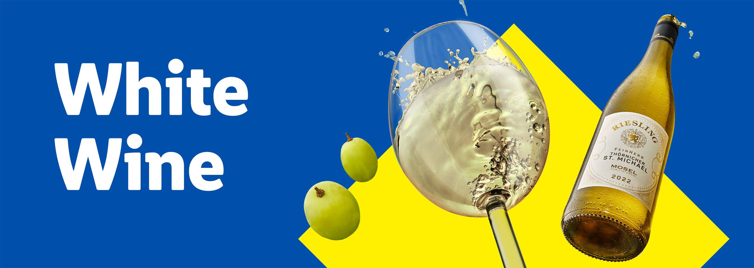 White wine bottle and glass with grapes on a blue and yellow background.