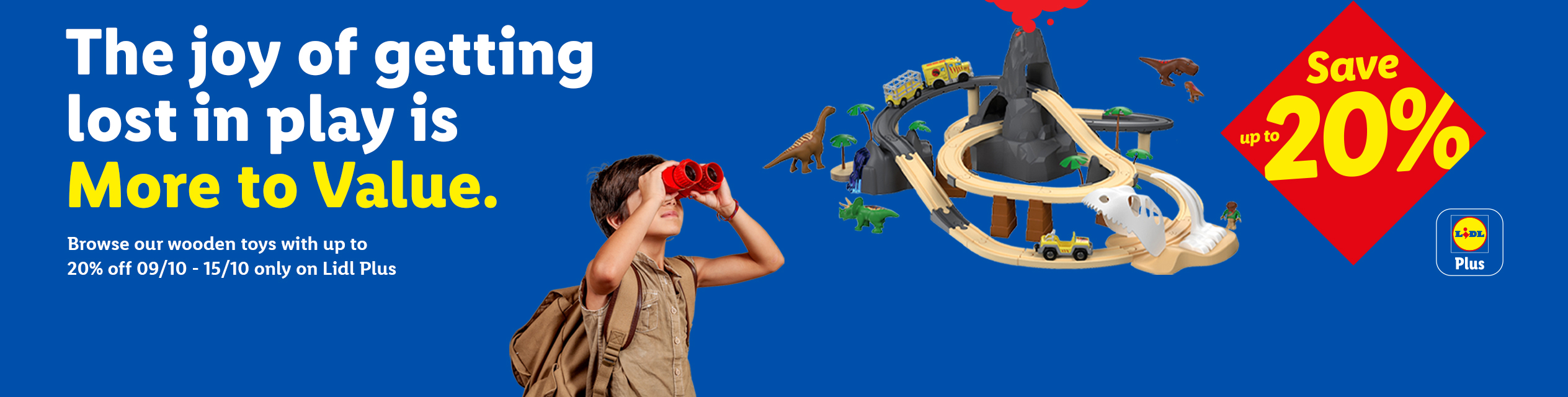 Lidl Plus ad for wooden dinosaur train set, offering up to 20% off.