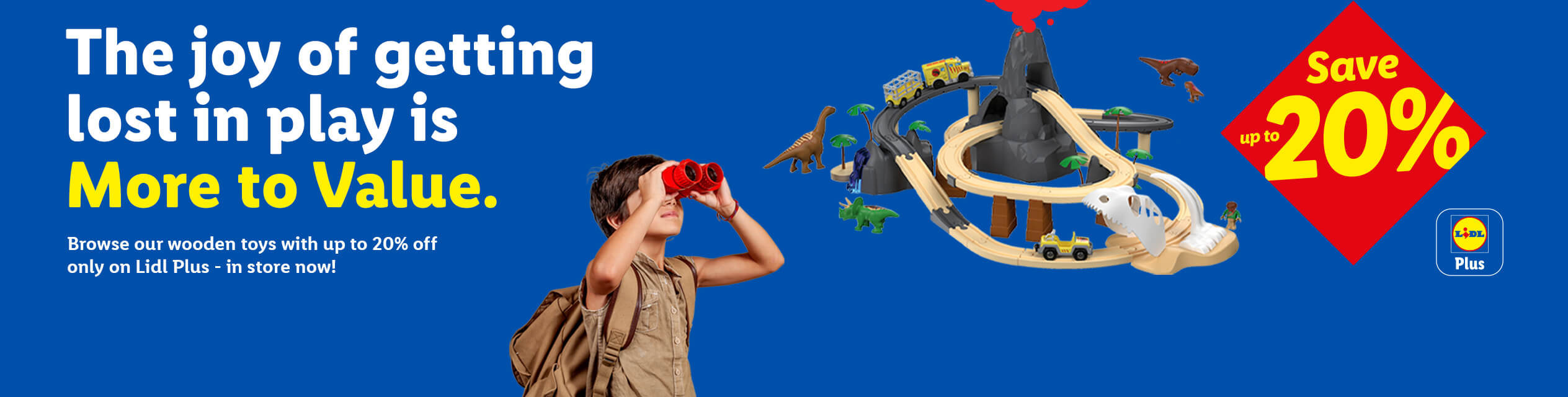 Lidl wooden dinosaur train set with volcano, jeep, and 20% off for Lidl Plus.