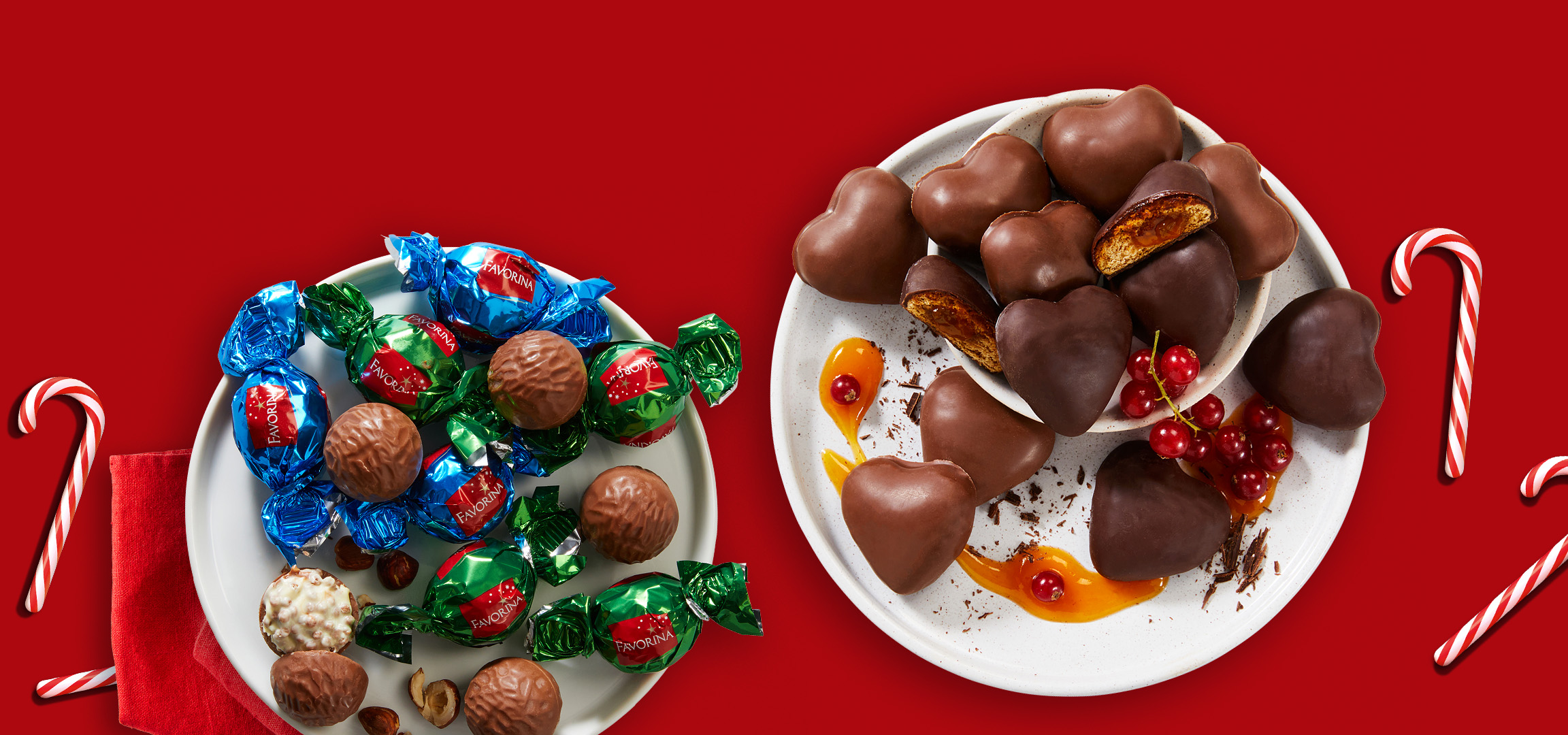 Favorina chocolates in blue and green wrappers, heart-shaped chocolates, and candy canes.
