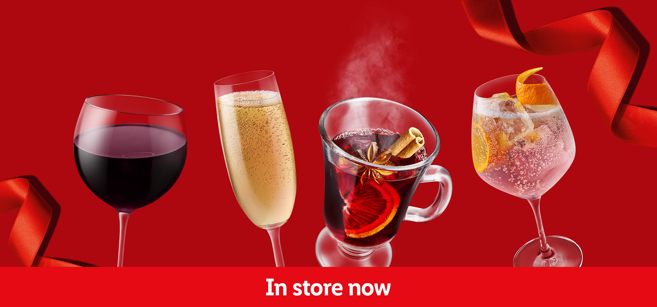 Red wine, champagne, mulled wine, and creamy liqueur with 'In store now' text.