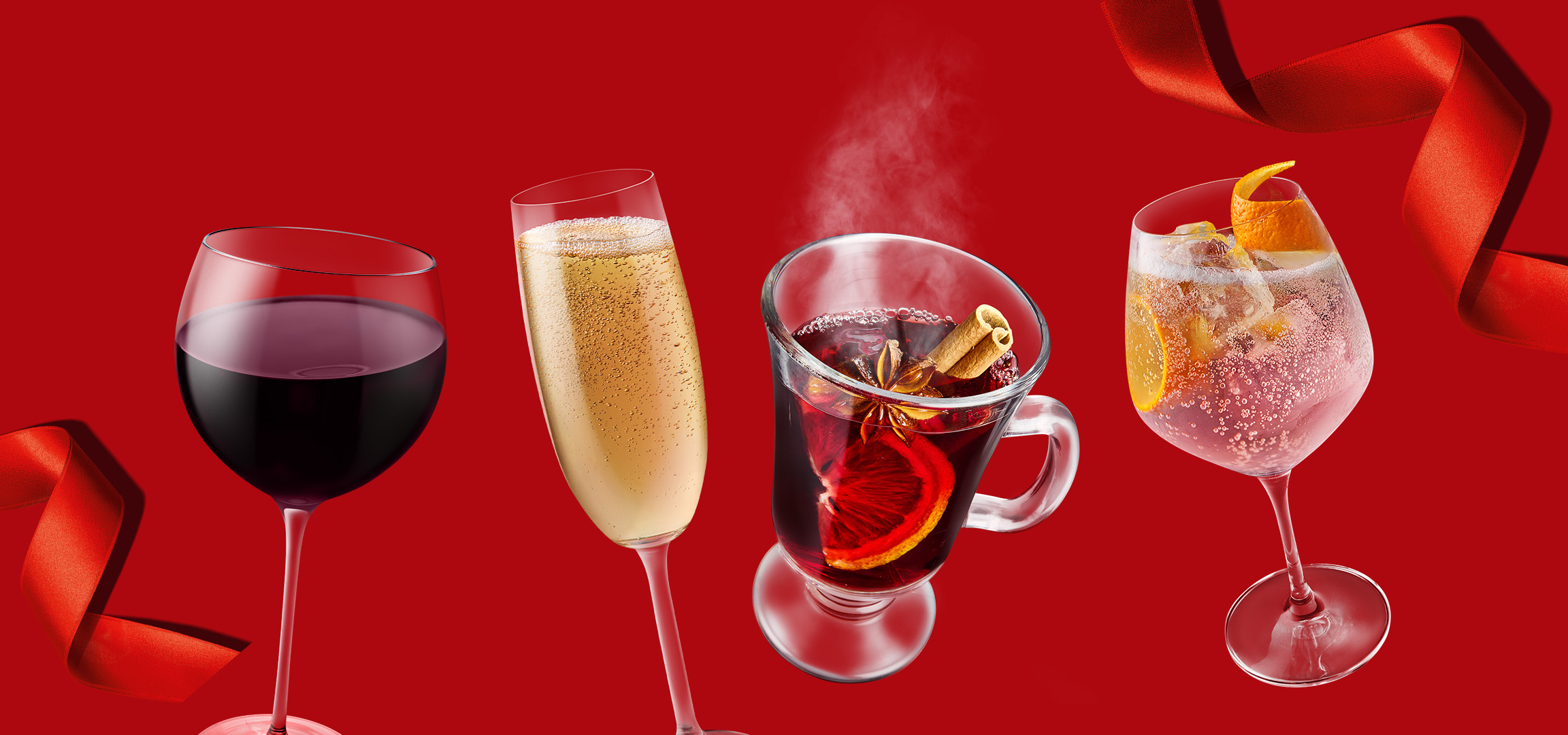 Red wine, champagne, mulled wine, and a creamy cocktail on a red background with ribbons.