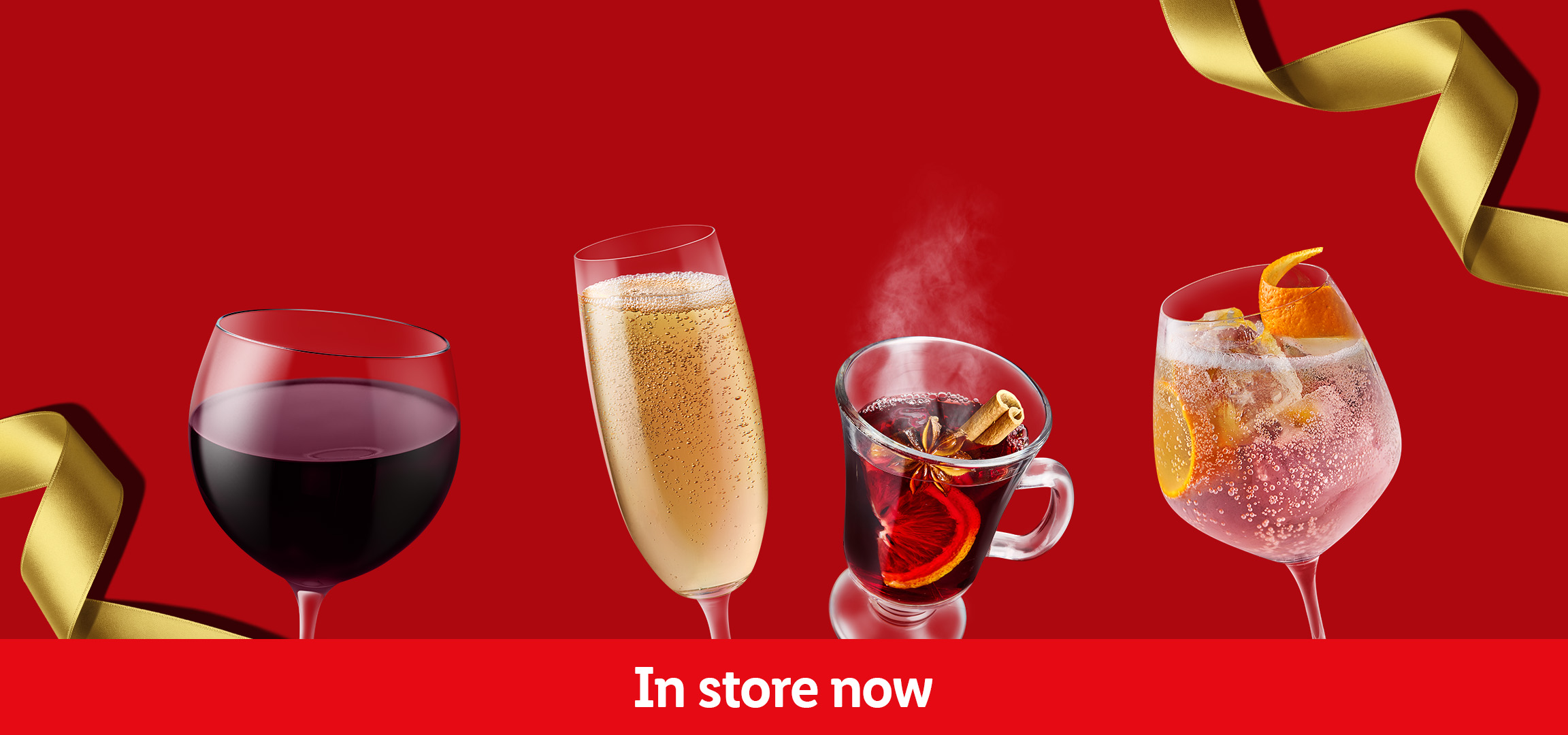 Festive drinks including red wine, champagne, mulled wine, and a cocktail on a red background.