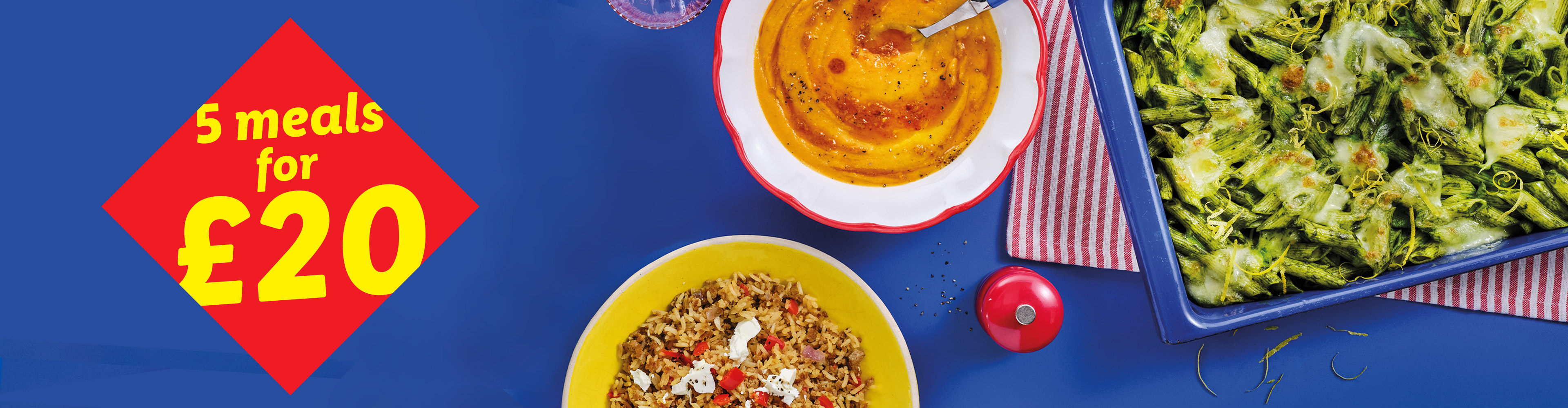 A vibrant blue background features a red diamond with '5 meals for £20' and three prepared dishes.