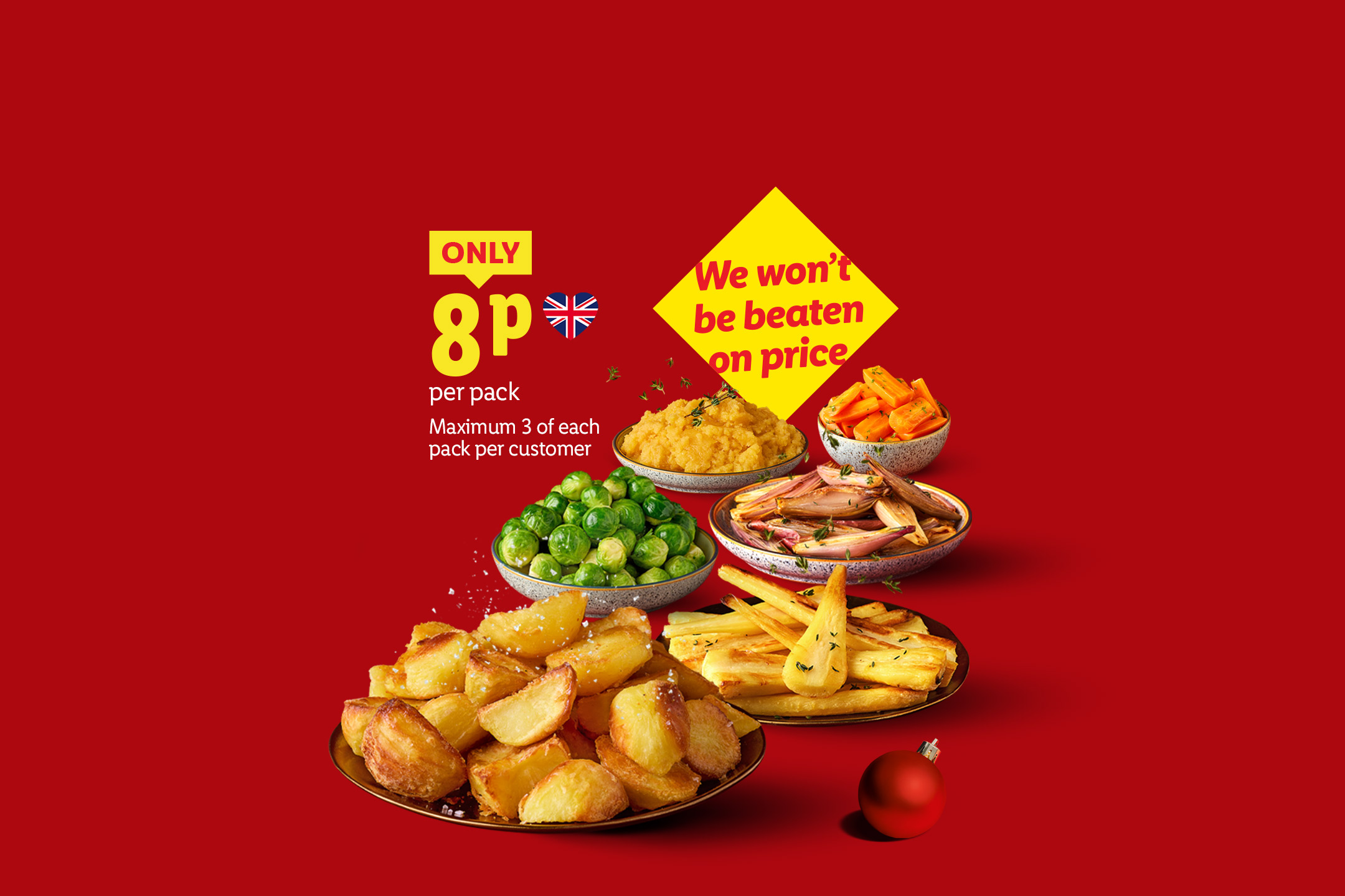 Lidl Christmas food: roasted potatoes, parsnips, sprouts, carrots, and mashed swede, with a price of 8p per pack.