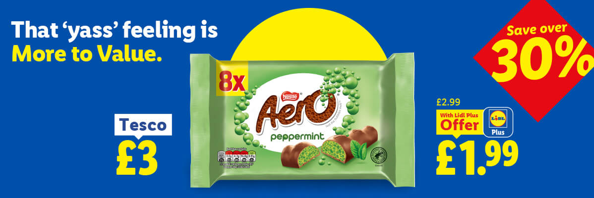 Aero peppermint chocolate bars, 8-pack, priced at £3 at Tesco and £1.99 with Lidl Plus, saving over 30%.