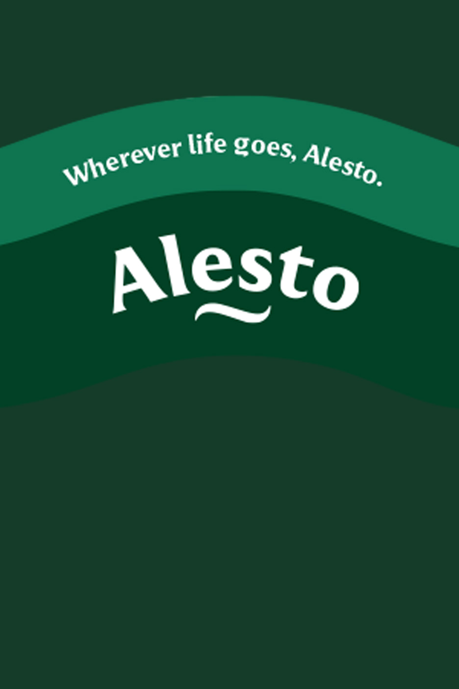 Green background with wavy lines and the text 'Wherever life goes, Alesto.'