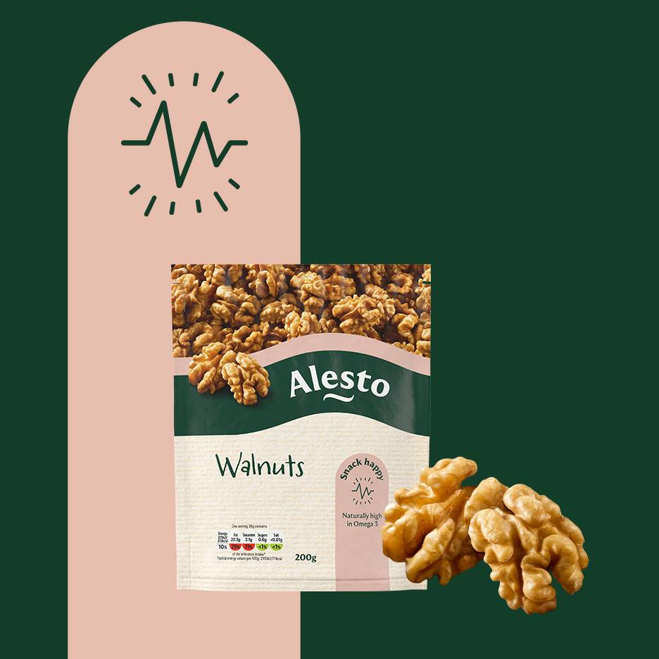 A bag of walnuts with a heart rate monitor icon and text 'Snack happy, Naturally high in Omega 3'.