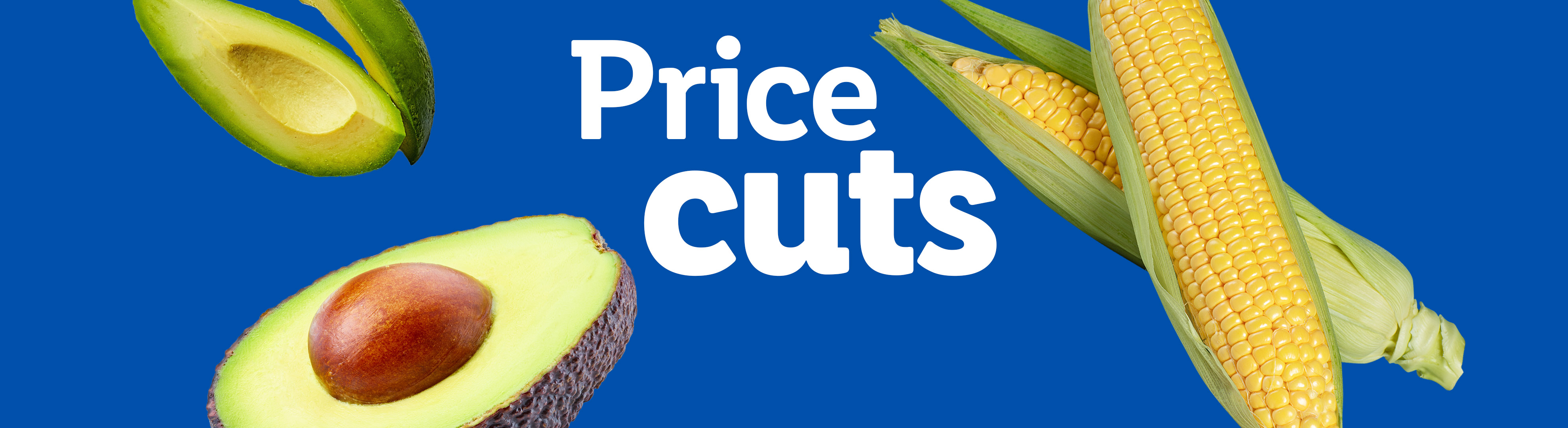 Avocados and corn on the cob with the text 'Price cuts' on a blue background.