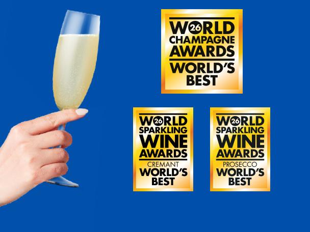 Hand holding a glass of sparkling wine, with awards for World's Best Champagne, Cremant, and Prosecco.