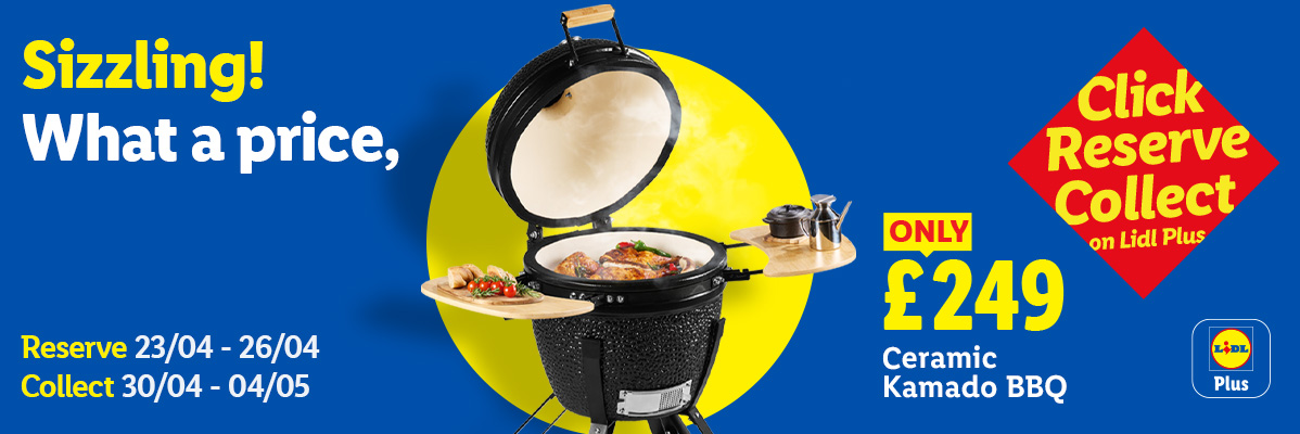 A ceramic Kamado BBQ with food, priced at £249, available for reservation and collection.