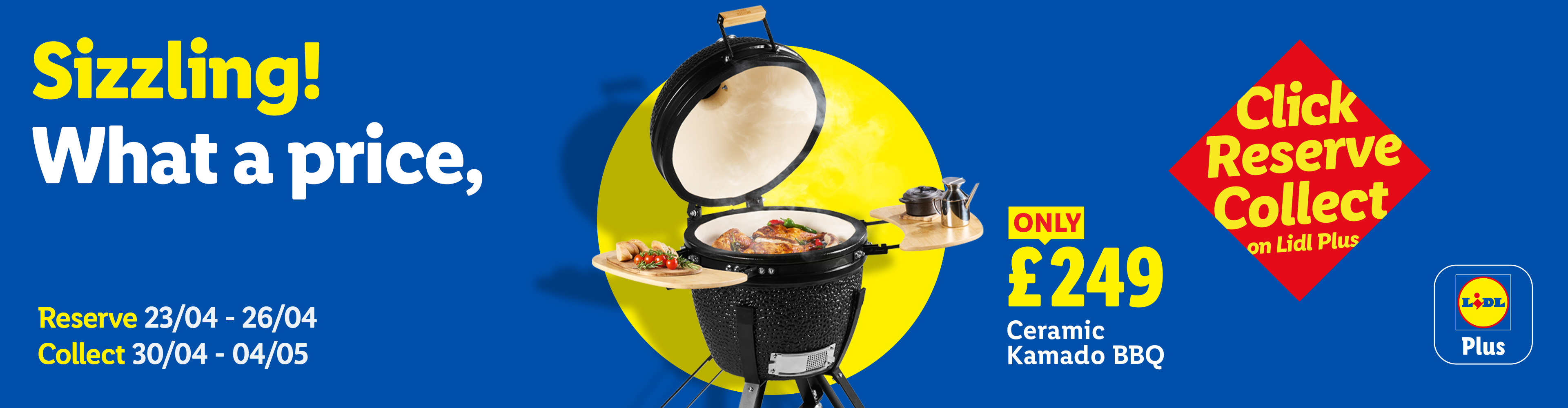A ceramic Kamado BBQ with food, priced at £249, available for reservation and collection.