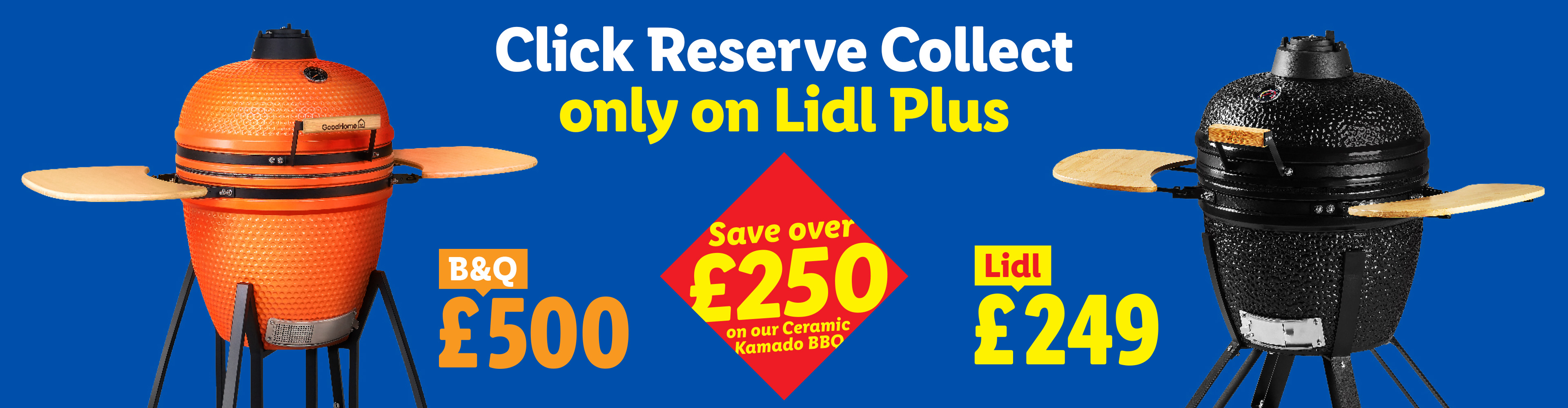 Two ceramic kamado BBQs, orange and black, with a price comparison showing savings over £250.