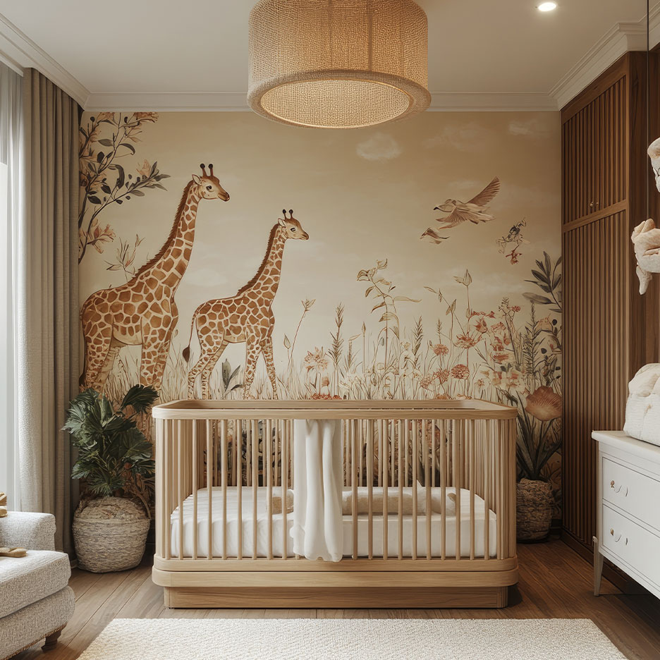Nursery room with a wooden crib, giraffe wallpaper, and wooden cabinets.