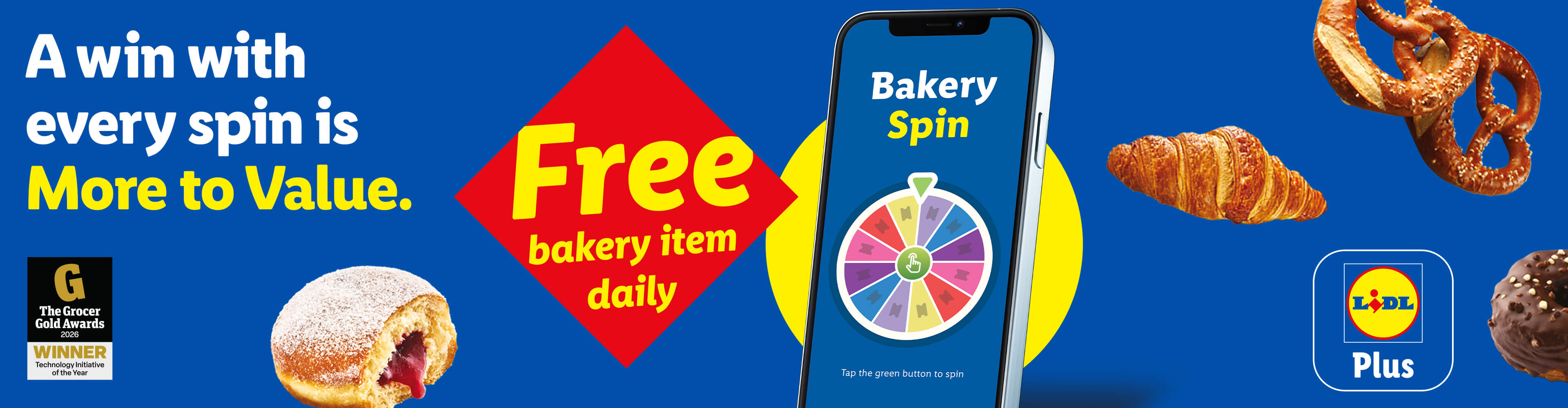 A bakery spin game on a phone offering a free bakery item daily, with pastries.