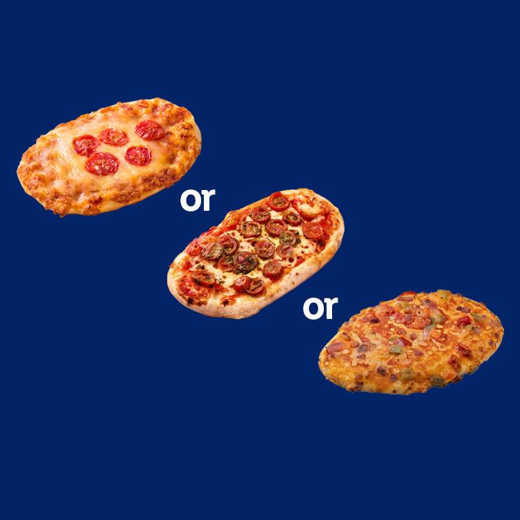 Three different pizzas: one with simple tomato topping, another with pesto and tomatoes, and a third with mixed vegetables.
