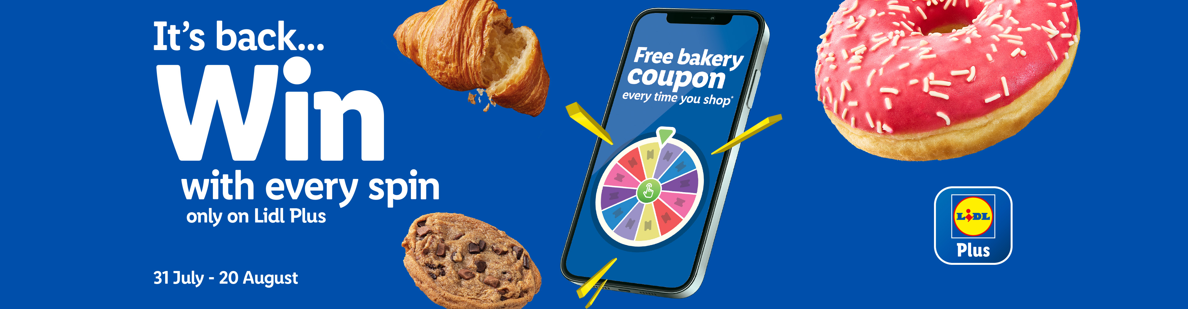 Lidl Plus offers a bakery coupon wheel spin to win free bakery items like croissants and donuts.