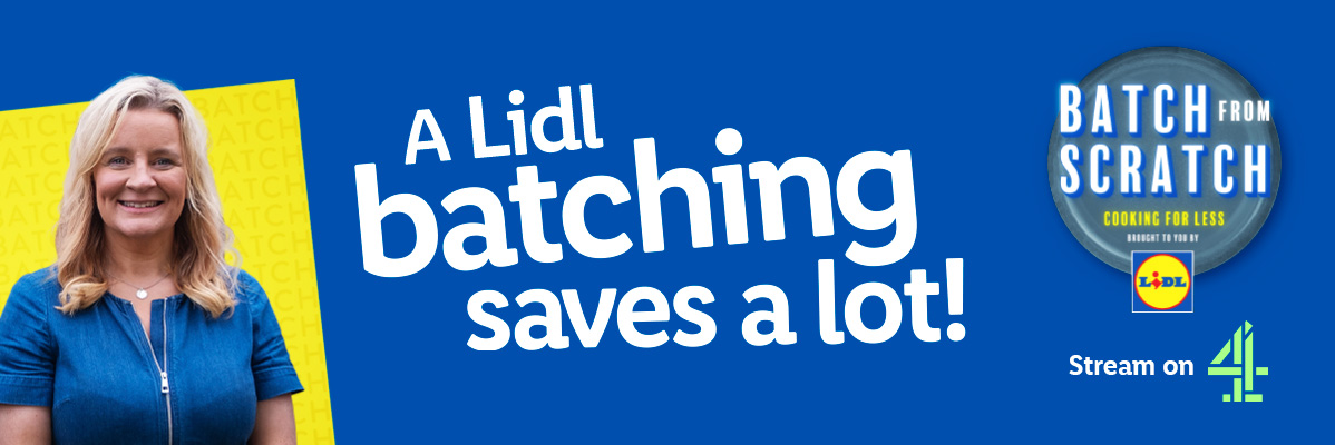 A woman smiles next to text: 'A Lidl batching saves a lot!' and 'Batch from Scratch' logo.