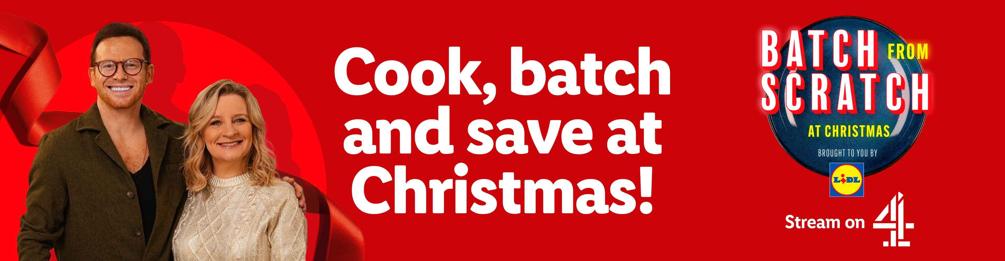 Lidl's 'Batch from Scratch at Christmas' campaign with two presenters, promoting cooking and saving.